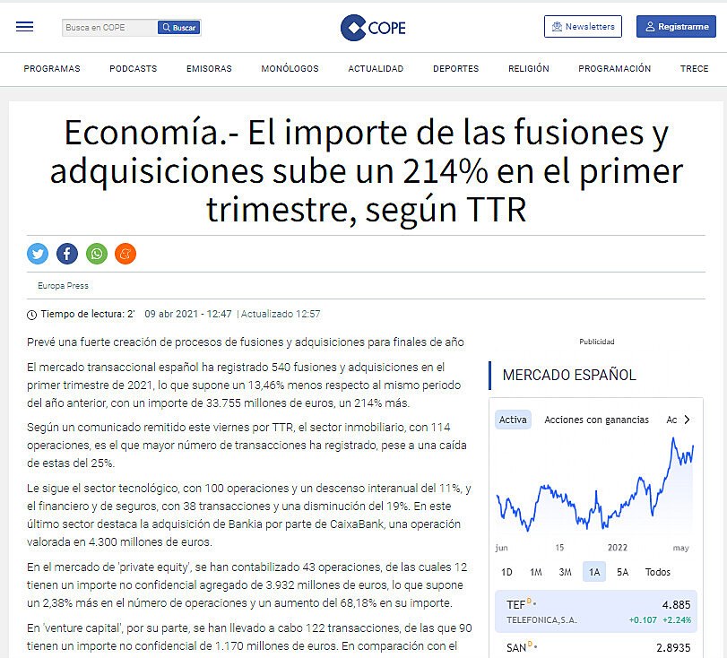 Economa.- El importe de las fusiones y adquisiciones sube un 214% en el primer trimestre, segn TTR